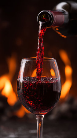 A bottle of red wine is being poured into a clear glass next to a warm, glowing fireplace. The atmosphere is inviting and perfect for a relaxing evening. AI Generativeの素材