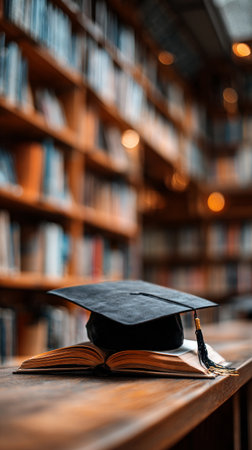 A graduation cap is placed on an open book in a library. Bookshelves filled with various colorful books create a scholarly atmosphere. Its a quiet space for study and reflection. AI Generativeの素材