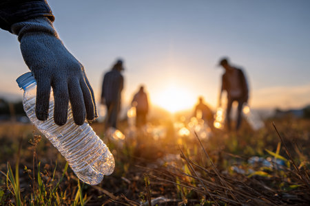 Volunteers are collecting plastic waste in a field at sunset. The scene shows a group of people working together to beautify the environment and reduce pollution.の素材