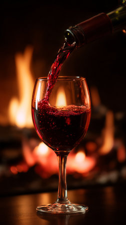 A glass is filled with dark red wine, while a glowing fireplace crackles in the background, creating a cozy and intimate atmosphere in the evening. AI Generativeの素材