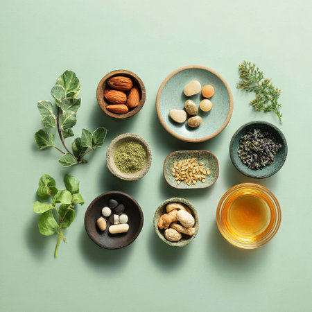 A collection of spices, herbs, and supplements is displayed on a green surface. Each ingredient is in its own bowl, showcasing a variety of textures and colors. AI Generativeの素材