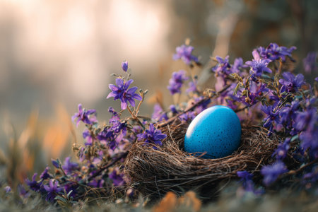 A blue egg rests peacefully in a nest surrounded by purple flowers. The soft light of dusk creates a serene and enchanting atmosphere in this natural setting.の素材