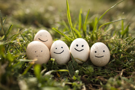 Five eggs with smiling faces sit playfully on a bed of moss in a grassy area during early morning. The scene conveys a cheerful and whimsical atmosphere. AI Generativeの素材