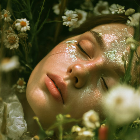 A young woman lies peacefully among white flowers, her face lightly dusted with shimmering glitter. Sunlight filters through the flowers, adding a tranquil glow to the scene.の素材