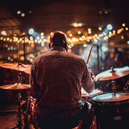 A drummer plays energetically on stage, silhouetted against colorful lights. AI Generativeの素材
