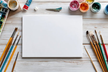 On a wooden table, a blank canvas awaits creativity, surrounded by vibrant paint pots and various brushes, inviting artistic expression in a colorful setup.の素材