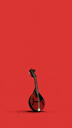 A mandolin stands prominently against a bright red backdrop, highlighting its elegant curves and craftsmanship. This setup captures the essence of music and creativity. AI Generativeの素材