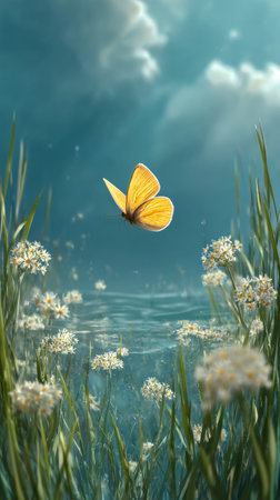 A delicate yellow butterfly gently lands on white blossoms in a tranquil field. Soft sunlight filters through the grass, creating a calm and peaceful scene. AI Generativeの素材