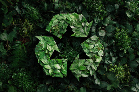 A vibrant recycling symbol made of green leaves is centered among a variety of lush plants. This scene highlights natures beauty and the importance of environmental care. AI Generativeの素材