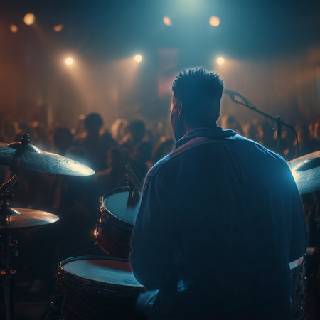 A talented drummer plays passionately in front of a large crowd at a vibrant music venue, creating an electric atmosphere during a night of live entertainment.の素材