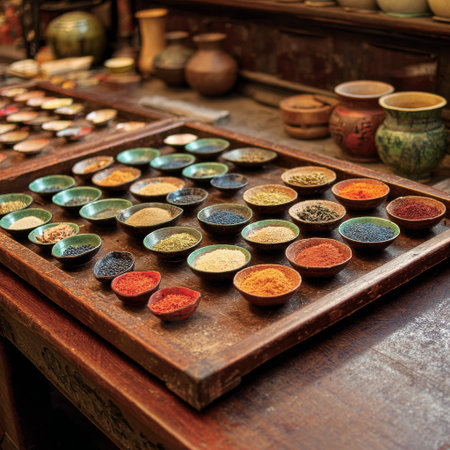 A wooden table showcases a colorful array of spices in small bowls. Various shades and textures create an inviting scene in a bustling market during the afternoon.の素材