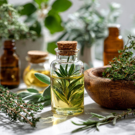 Small amber bottle filled with essential oil sits beside fresh herbs in a wooden bowl, highlighting a serene setting full of natural ingredients and wellness. AI Generativeの素材