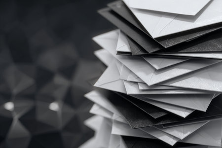 A tall stack of neatly arranged black and white envelopes stands out against a blurred geometric background. The contrast between the colors adds visual interest to the scene.の素材