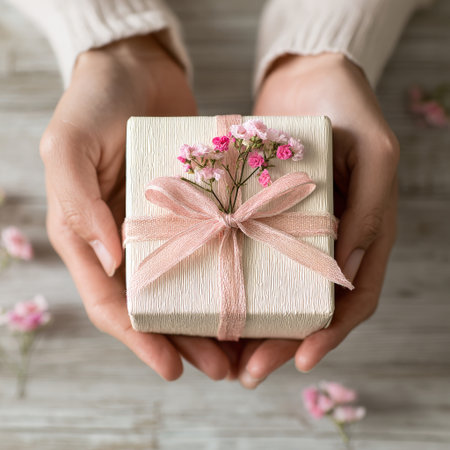Two hands gently present a small, elegantly wrapped gift adorned with a pink ribbon and flowers. Nearby, delicate blooms scatter on the wooden surface, adding charm. AI Generativeの素材