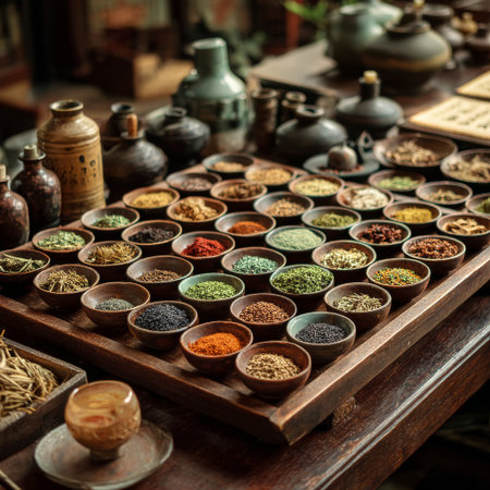 A wooden table showcases a colorful array of spices in small bowls. Various shades and textures create an inviting scene in a bustling market during the afternoon. AI Generativeの素材