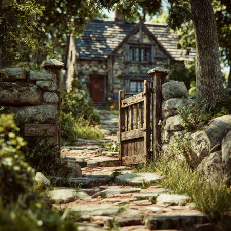 A wooden gate opens onto a stone path surrounded by flowers. The cottage stands in the background under a sunny sky, creating a warm and inviting atmosphere. AI Generativeの素材