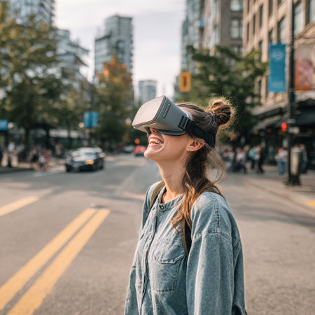A young woman stands in the middle of a busy city street, smiling while wearing a virtual reality headset. The sunset casts a warm glow over the buildings and traffic around her. AI Generativeの素材
