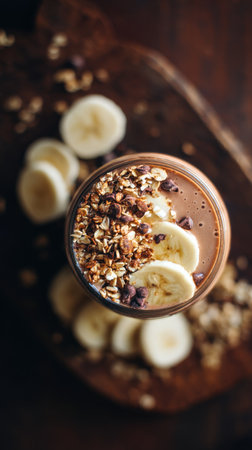 A colorful smoothie bowl features banana slices and crunchy granola with cocoa nibs on a rustic wooden board. Fresh fruits add a healthy touch to the meal, perfect for breakfast.の素材