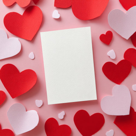 Colorful paper hearts in various sizes spread across a pink surface, framing a blank card. This setup is perfect for writing messages or celebrating love on special occasions.の素材