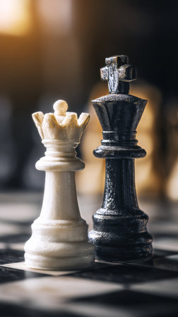 Two chess pieces stand side by side on a chessboard as the sun sets, creating a beautiful backdrop with the blurred city skyline in the distance. AI Generativeの素材