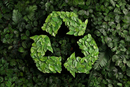 A large recycling symbol formed by green leaves sits prominently in the center of a garden filled with various lush plants. AI Generativeの素材