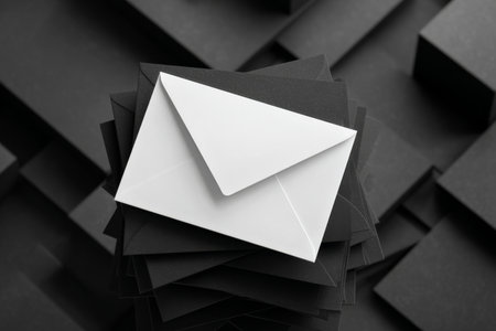 A white envelope stands out among stacks of black envelopes on a smooth surface. This scene captures a moment of organization and contrast in a serene indoor space. AI Generativeの素材