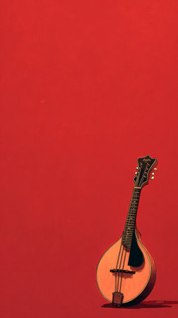 A mandolin stands prominently against a bright red backdrop, highlighting its elegant curves and craftsmanship. This setup captures the essence of music and creativity.の素材