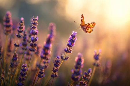 A butterfly gracefully flits above vibrant lavender blooms during sunset, capturing the beauty of nature in a tranquil garden scene filled with color and warmth.の素材