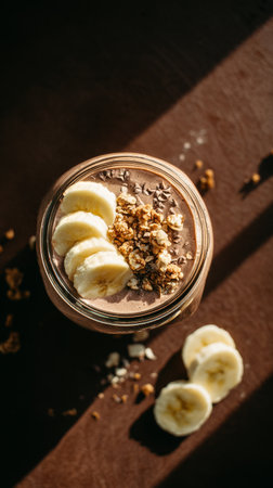 A delicious smoothie bowl features banana slices and granola on top. The setting has warm lighting that highlights the textures of the ingredients. Perfect for a healthy snack.の素材
