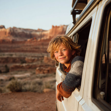 A cheerful boy leans out of a van window, smiling at the beautiful sunset over a red rock desert. The evening light casts warm tones on the landscape.の素材