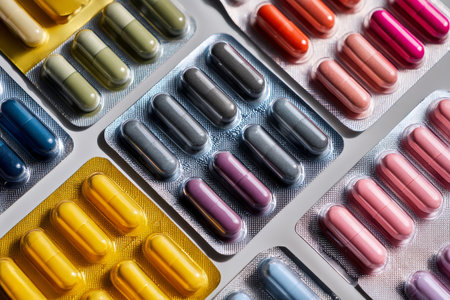 Various capsules and tablets are arranged neatly in packaging on a flat surface. The colors include yellow, green, pink, and black, showing a wide selection of medications. AI Generativeの素材