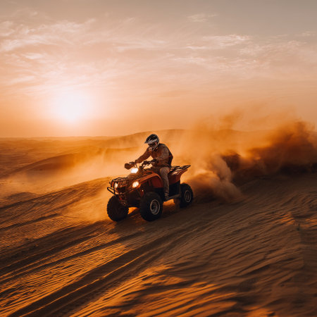 An adventurous person rides an ATV over sandy dunes as the sun sets, creating a dramatic scene with golden light and swirling dust in the air.の素材