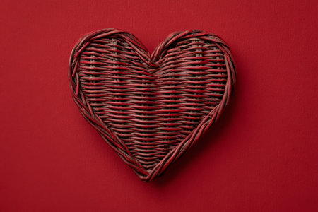 A red wicker heart is positioned against a matching red background. This decorative piece adds charm and warmth to any occasion, perfect for celebrations or home decor.の素材
