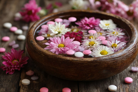 A rustic wooden bowl holds water filled with colorful flower petals and small candies. The scene showcases a serene and decorative arrangement perfect for a cozy atmosphere. AI Generativeの素材