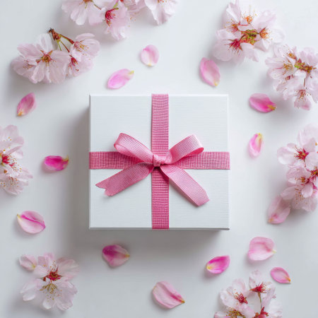 A small white gift box with a pink ribbon is placed on a light surface. Surrounding it are delicate cherry blossom petals, creating a soft, festive atmosphere ideal for celebrations.の素材