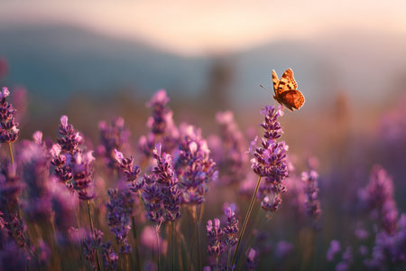 A butterfly gracefully flits above vibrant lavender blooms during sunset, capturing the beauty of nature in a tranquil garden scene filled with color and warmth. AI Generativeの素材