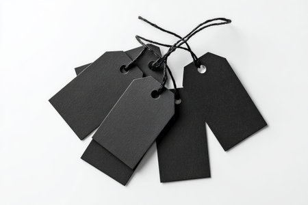 Five black tags are lined up on a light surface. Each tag features a string for easy attachment, ideal for labeling items or organizing goods in various settings. AI Generativeの素材