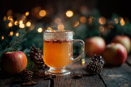 A warm, spiced apple drink is served in a clear glass, surrounded by fresh apples and festive lights. The cozy setting invites a feeling of comfort and relaxation during the holidays. AI Generativeの素材