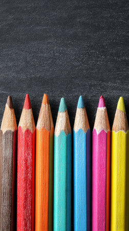 A collection of colored pencils in shades of blue, pink, red, orange, and green is arranged neatly on a dark surface, ready for drawing and creative expression. AI Generativeの素材
