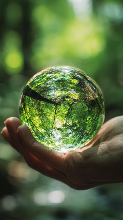 A person holds a clear glass sphere that reflects vibrant greenery and trees in a forest. Sunlight filters through the leaves, creating a serene atmosphere.の素材