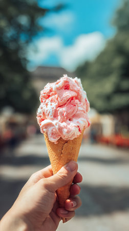 A person holds a swirl of pink ice cream in a cone while standing on a pathway in a park surrounded by vibrant flowers and green trees under a clear blue sky. AI Generativeの素材