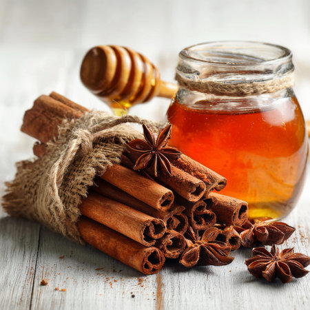 A glass jar filled with golden honey sits next to a bundle of cinnamon sticks. Star anise and ground cinnamon complement the warm tones, creating a cozy kitchen scene. AI Generativeの素材
