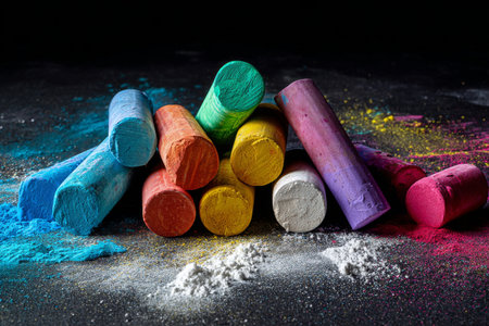 Vibrant chalk sticks in various colors are arranged on a dark surface. Colorful powder is scattered around, creating an artistic and playful scene that highlights creativity.の素材