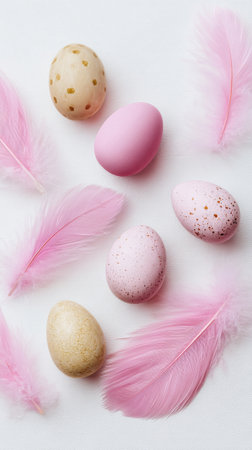 Decorative eggs in shades of pink and beige are arranged among soft pink feathers on a white surface, creating a cheerful scene perfect for spring festivities or Easter celebrations.の素材