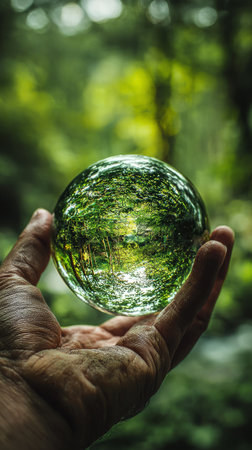 A person grasps a clear glass orb, capturing a vivid view of a lush green forest within its surface. Sunlight filters through the foliage, creating a serene atmosphere.の素材