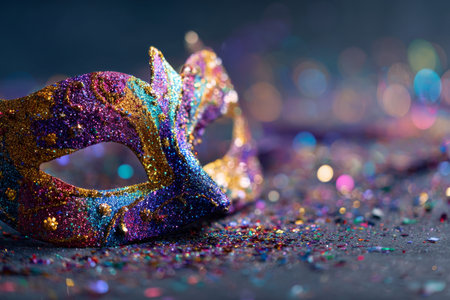 A vibrant mask lies on a table, surrounded by colorful glitter and confetti. The scene captures the fun and excitement of a festive event or party atmosphere.の素材