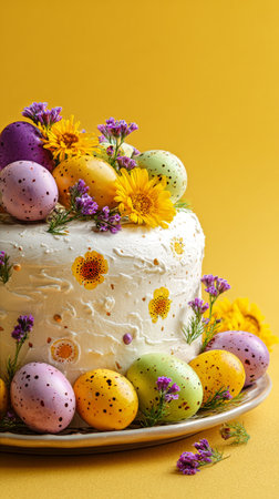 A beautifully crafted Easter cake stands on a plate, adorned with vibrant flowers and speckled eggs, capturing the joy of spring festivities during the holiday season.の素材