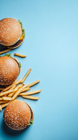 Three cheeseburgers and a stack of golden fries sit on a vibrant blue surface, inviting a delicious meal. The setting is casual and colorful, perfect for a snack or lunch. AI Generativeの素材