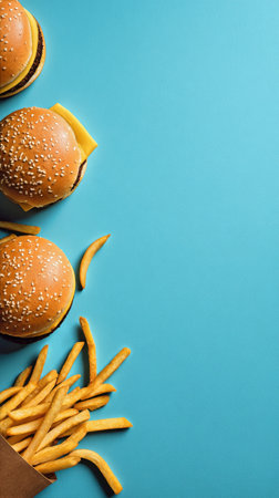 Three juicy burgers are arranged on a vibrant blue surface, accompanied by a generous serving of golden fries scattered nearby. The scene is colorful and inviting.の素材