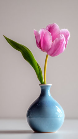 A single pink tulip stands upright in a blue ceramic vase, placed on a soft, light-colored surface. The gentle light highlights the flowers petals and the vases shape. AI Generativeの素材